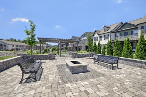 a roof deck with couches and potted plants