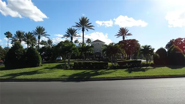 a view of a swimming pool with a garden and palm trees