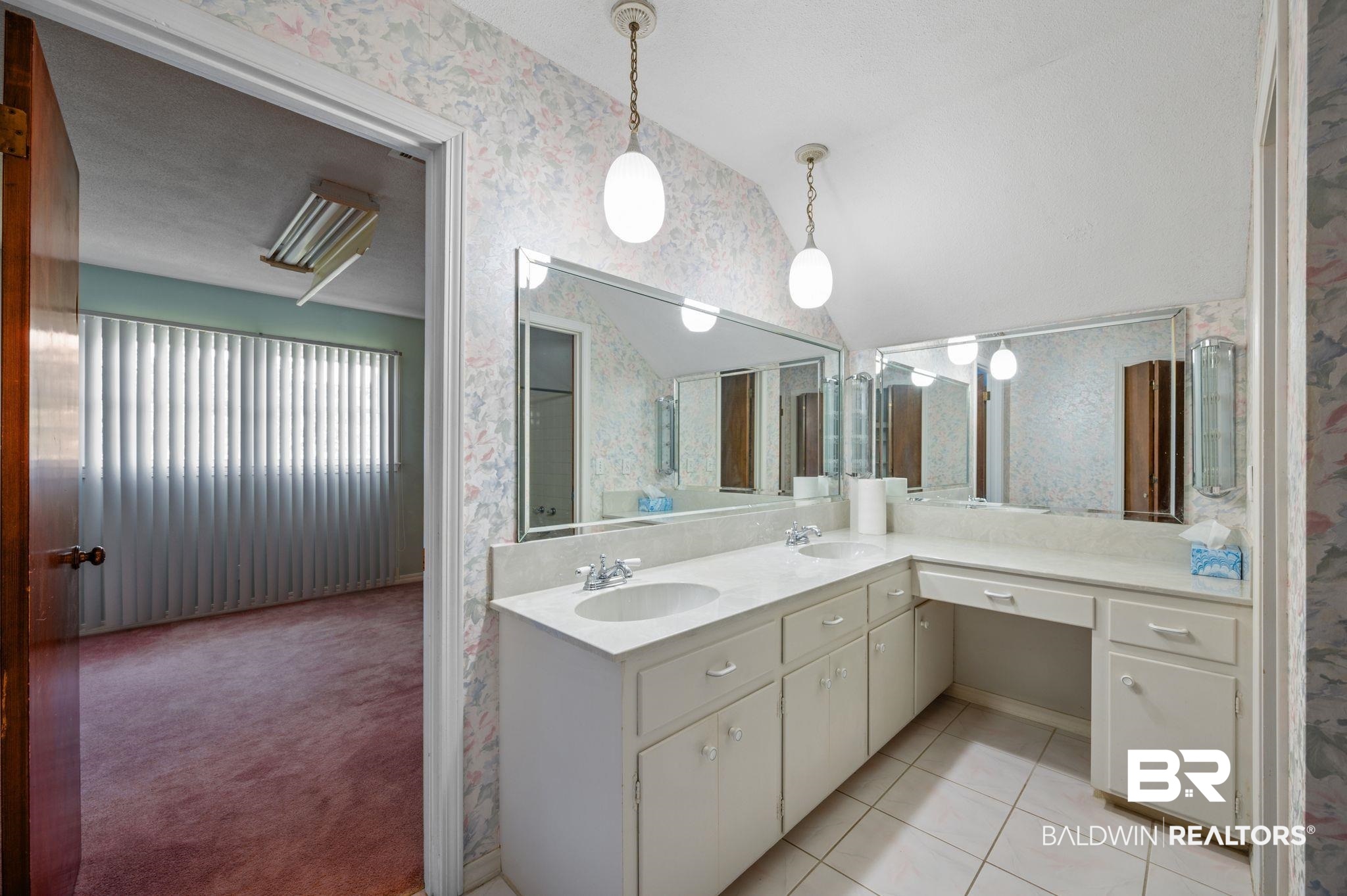 950 Walter Smith Road Mobile, AL 36695 - Photo 20 of 51 Full bathroom featuring wallpapered walls, double vanity, and tile patterned floors