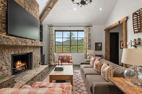 a living room with furniture a flat screen tv and a fireplace
