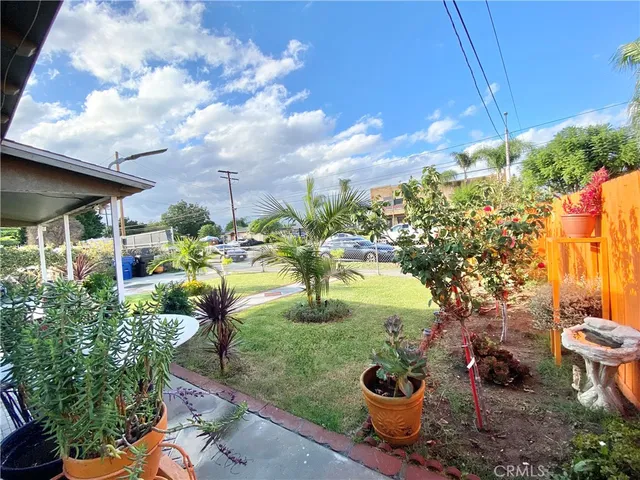 a garden view with a seating space