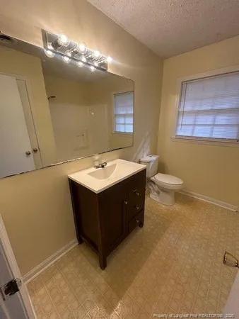 a bathroom with a sink mirror vanity and toilet
