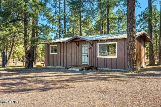 a view of a house with a small yard and large tree