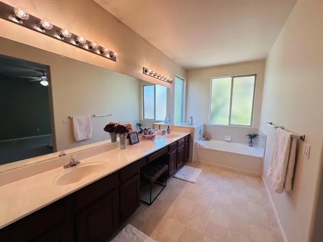 a bathroom with a double vanity sink a large mirror and a bathtub
