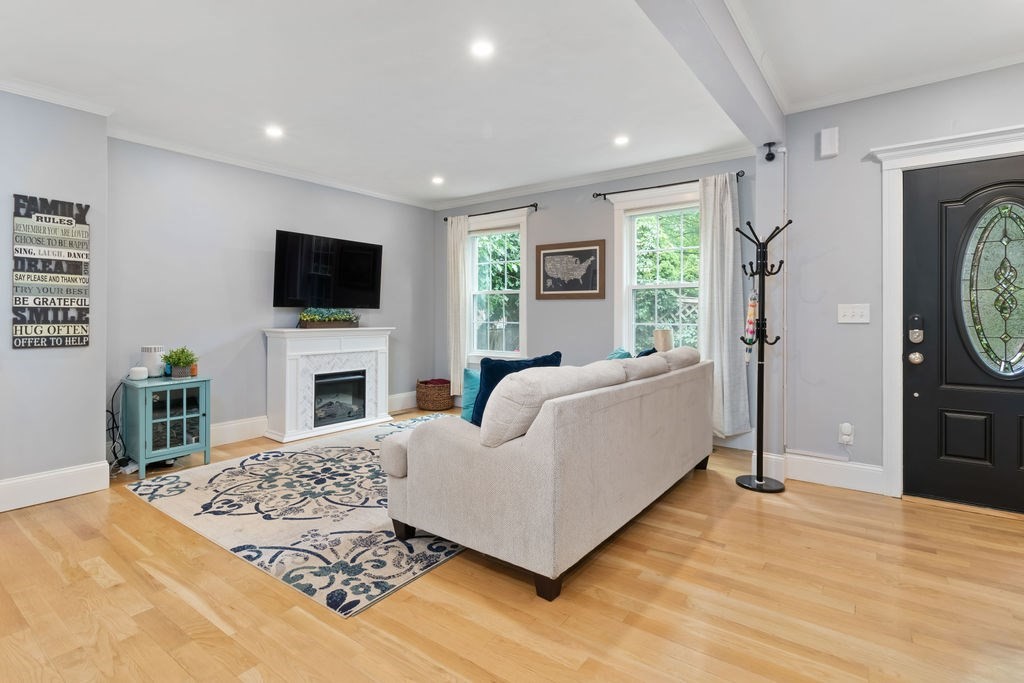 4 Goodwin Court Boston, MA 02127 - Photo 3 of 27 a living room with furniture a flat screen tv and a fireplace