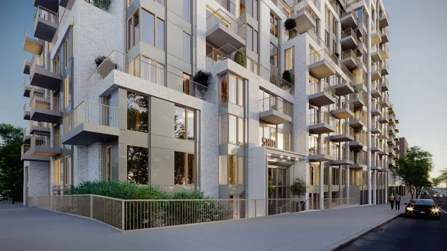 a view of a building with a street