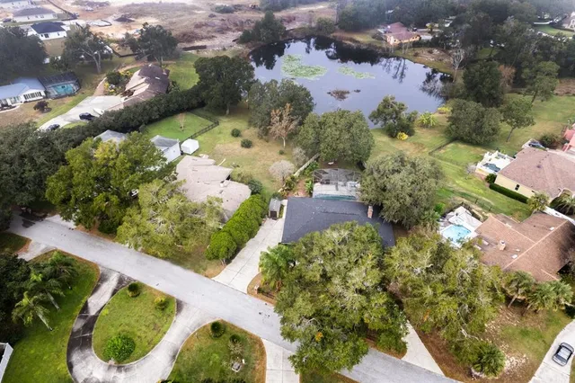 an aerial view of a house with a yard and plants