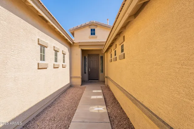 a view of a street with potted plants