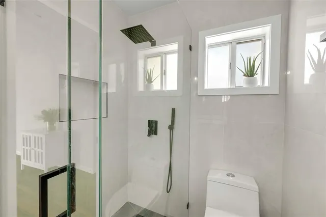 a bathroom with a toilet and a shower