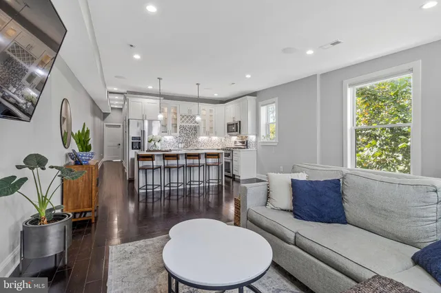 a living room with furniture a couch and a potted plant