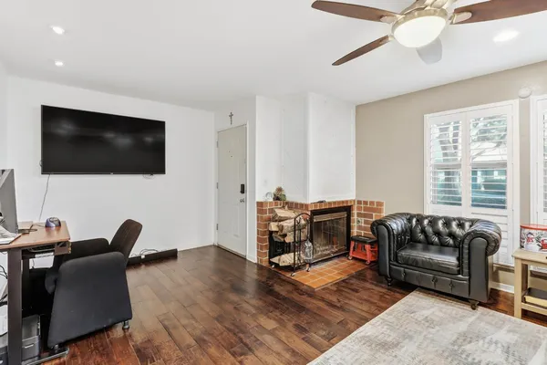 a view of a dining room with furniture