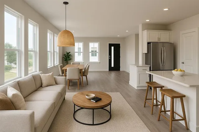 a living room with furniture a large window and a chandelier