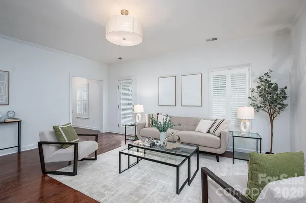 a living room with furniture and a potted plant