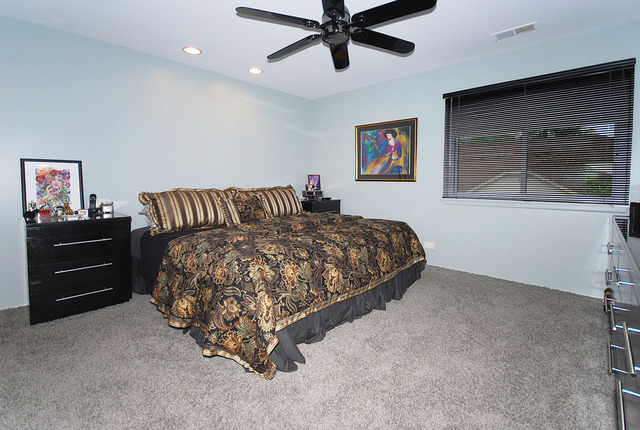 550 Greystone Lane, Unit A2 Wheeling, IL 60090 - Photo 10 of 23 a bedroom with a bed and ceiling fan