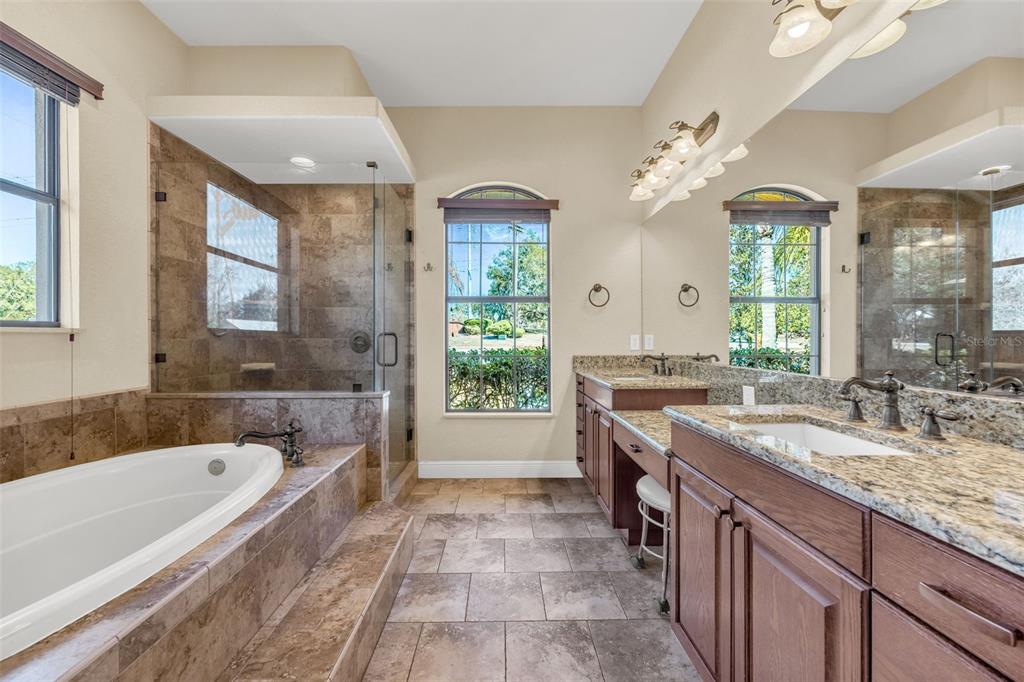 13101 Shadow Run Boulevard Riverview, FL 33569 - Photo 26 of 86 a spacious bathroom with a granite countertop tub a double vanity sink a window and a mirror