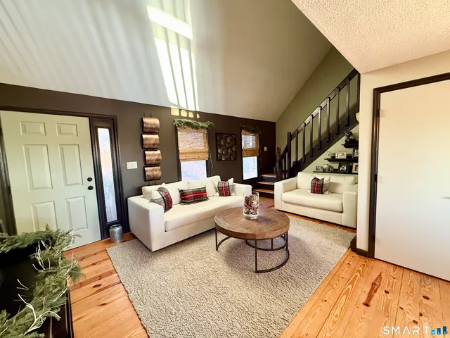 a living room with furniture and a rug