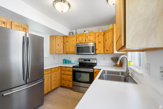 732 North 200 E Street Springville, UT 84663 - Photo 16 of 36 Kitchen featuring wood cabinetry, stainless steel appliances, white countertops, and light wood-finish flooring