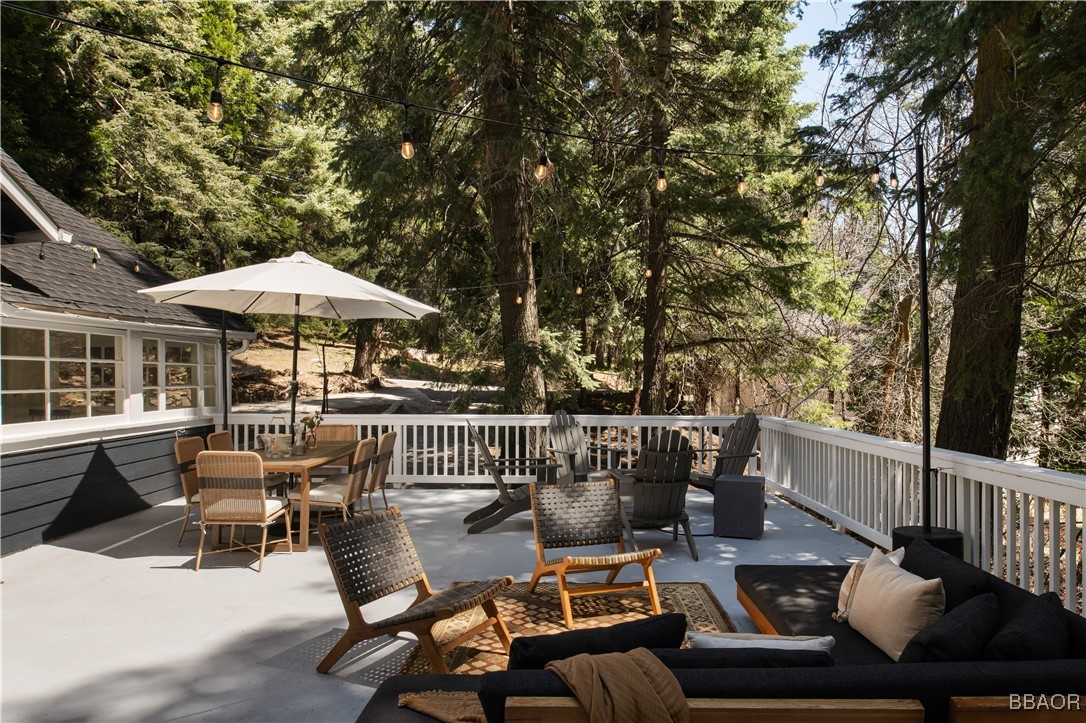 920 Oak Road Lake Arrowhead, CA 92385 - Photo 11 of 28 a view of balcony with furniture and umbrella