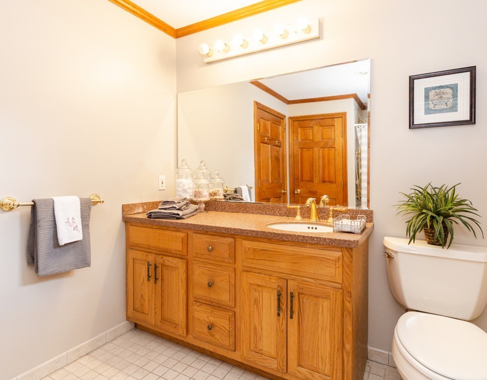 6 Goffe Road Lexington, MA 02421 - Photo 17 of 30 a bathroom with a granite countertop sink toilet and large mirror