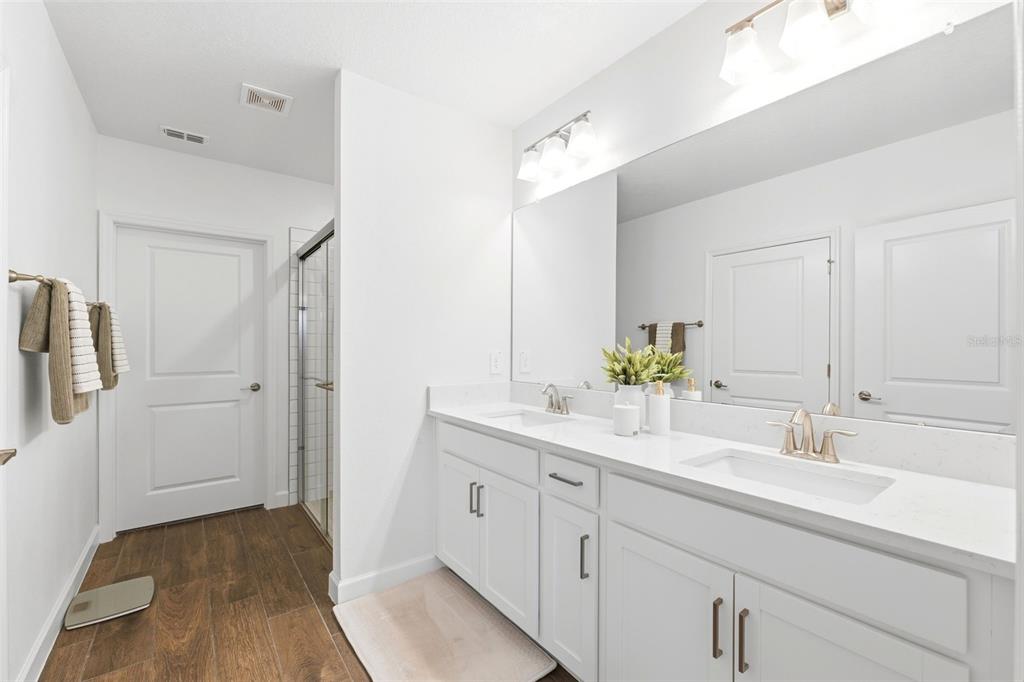 10799 Gable Dig Loop San Antonio, FL 33576 - Photo 11 of 19 a bathroom with a double vanity sink and mirror