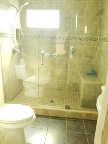a bathroom with a shower and a toilet