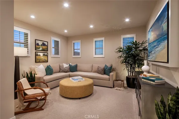 a living room with furniture and a potted plant