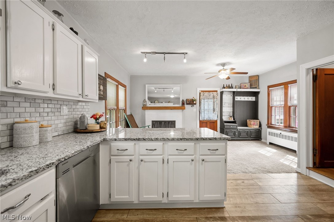 2420 Copley Road Akron, OH 44321 - Photo 7 of 44 Kitchen featuring a textured ceiling, light carpet, dishwasher, and radiator heating unit