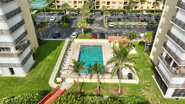 a view of a park with large trees