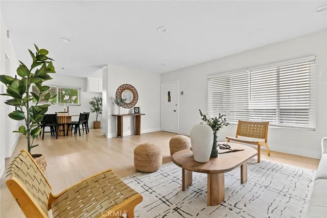 a living room with furniture a rug potted plant and a window