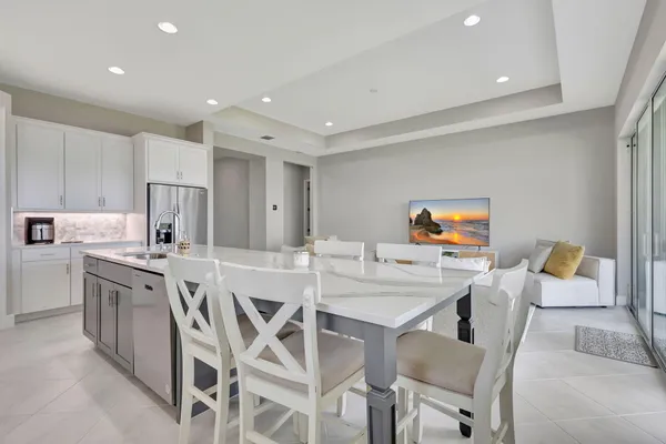 a view of a dining room with furniture