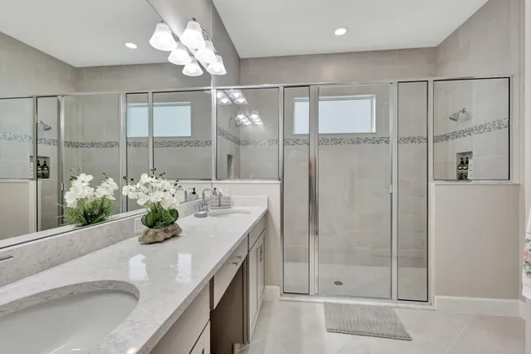 a bathroom with a granite countertop sink a mirror and a shower