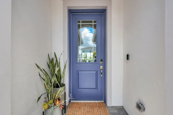 a view of a hallway with a potted plant
