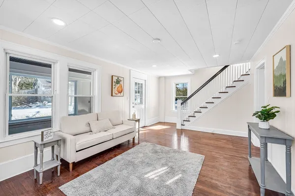 a living room with furniture and a potted plant