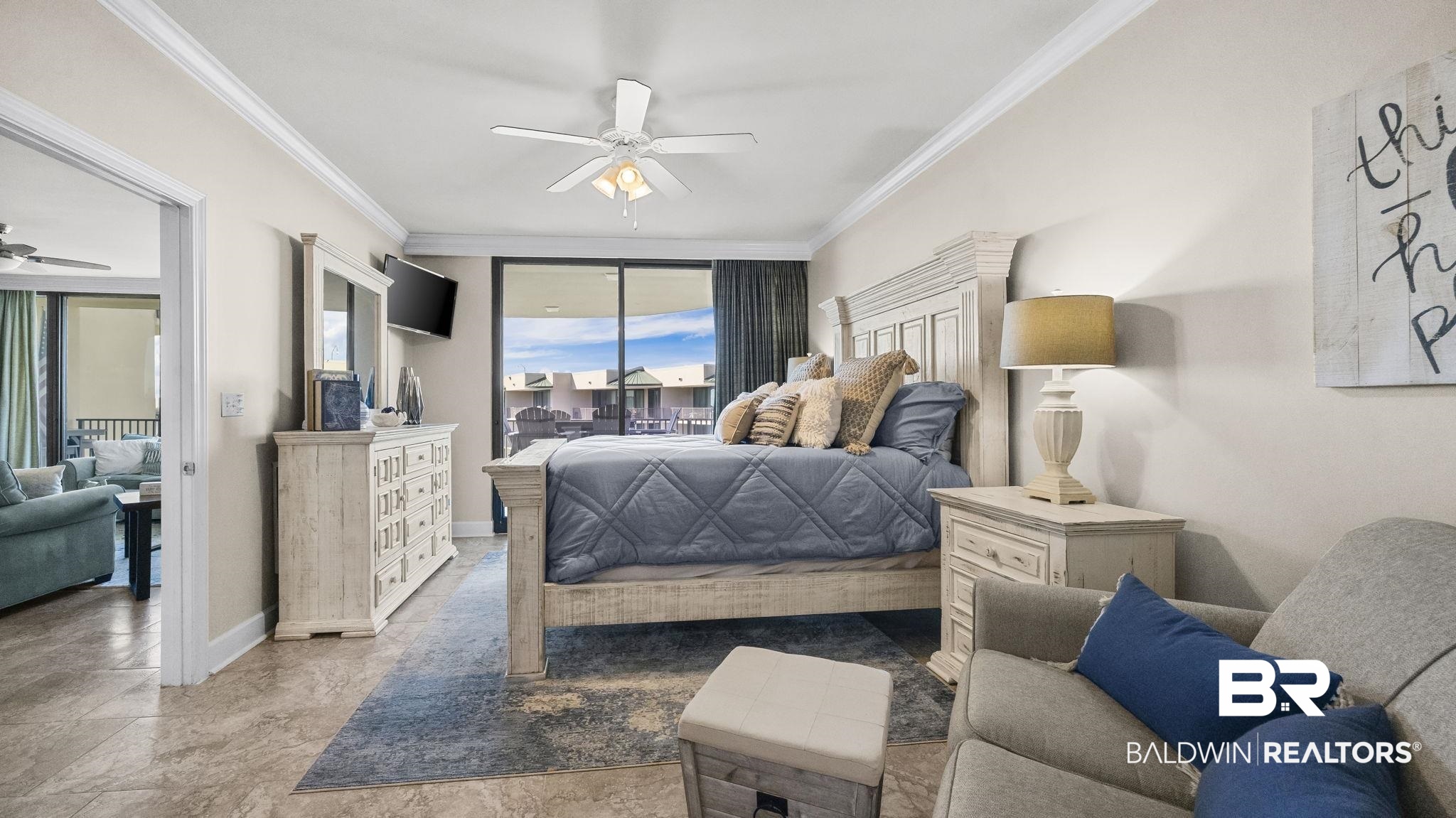 27580 Canal Road, Unit 1526 Orange Beach, AL 36561 - Photo 15 of 49 Bedroom with crown molding, access to outside, and a ceiling fan