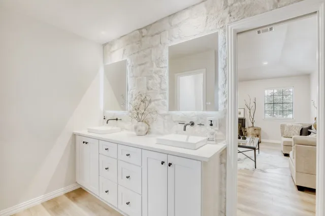 a garden view with a seating space