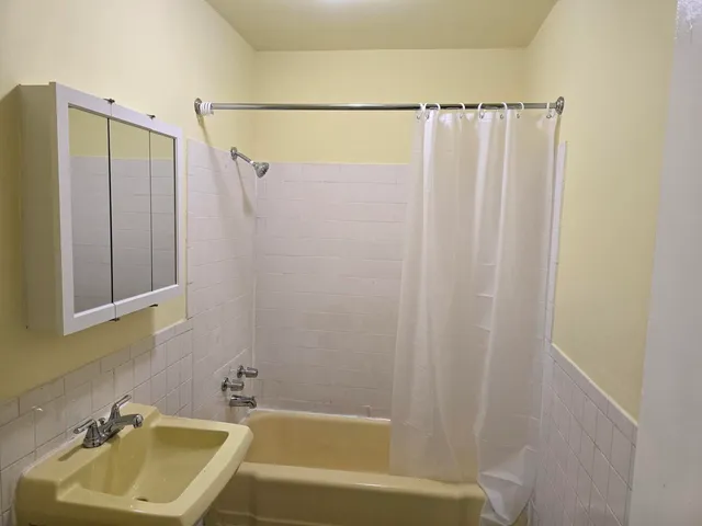 a bathroom with a shower and a sink