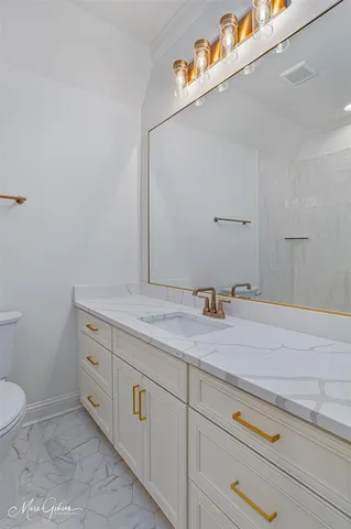 a bathroom with a granite countertop sink and a toilet