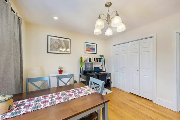 a view of a dining room with furniture