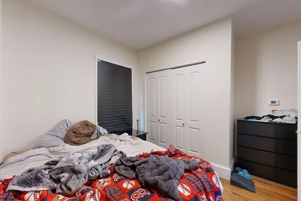 a bedroom with a bed and a closet