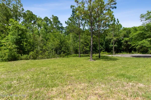 a view of a green field with trees