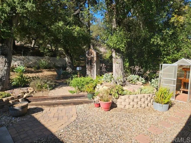 a view of a backyard with chair potted plants