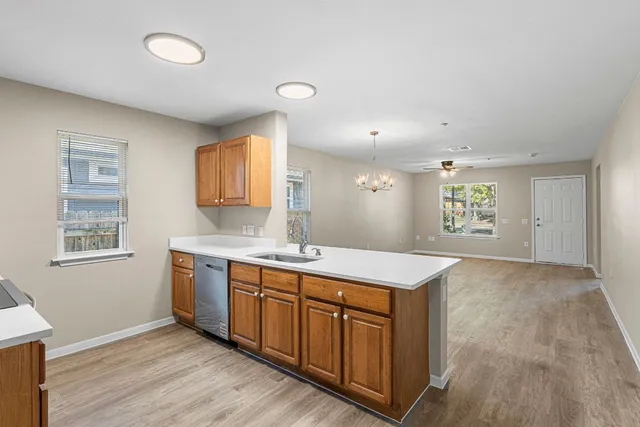 a view of a kitchen cabinets a sink and dishwasher with wooden floor