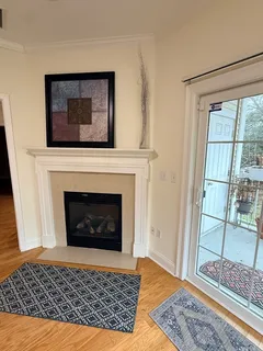 a living room with a fireplace and a rug