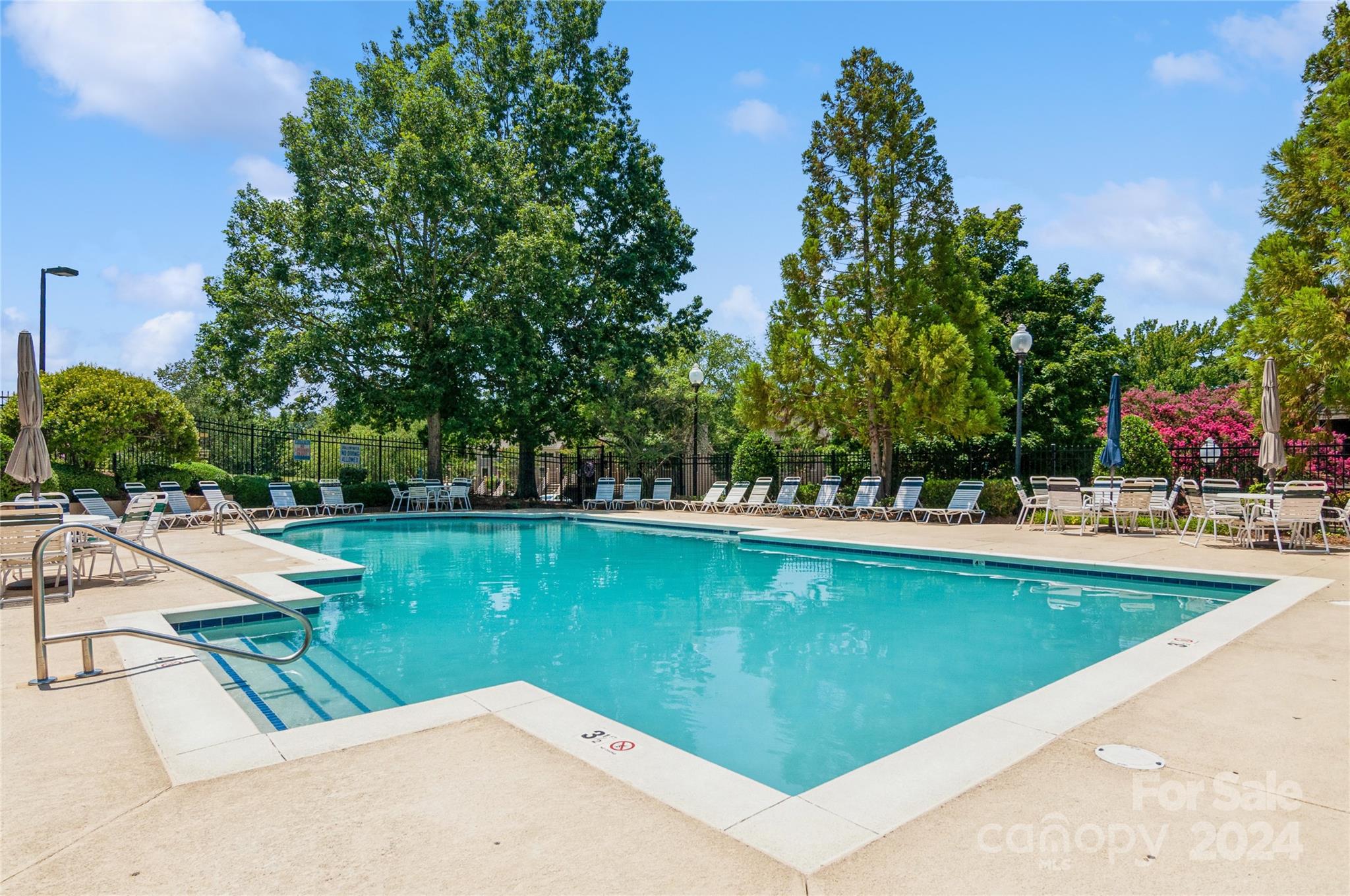 13822 Queens Harbor Road, Unit H Charlotte, NC 28278 - Photo 37 of 37 a view of swimming pool that has lawn chairs with plants and trees