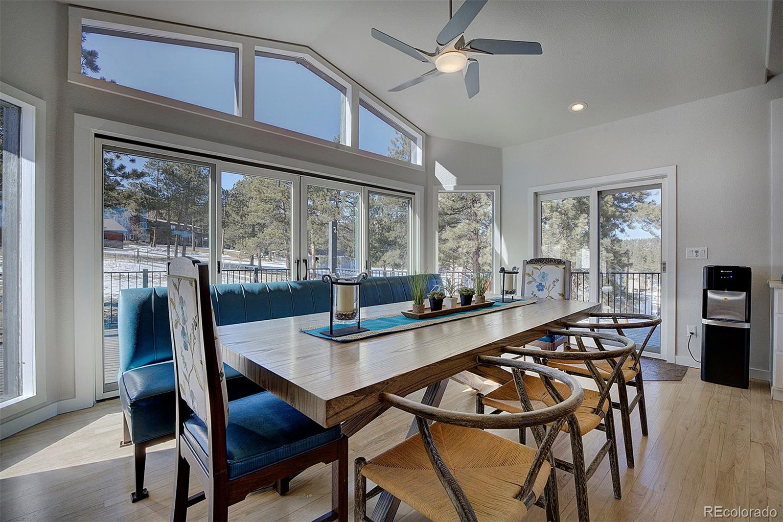 5371 Hazel Road Evergreen, CO 80439 - Photo 14 of 47 a view of a dining room with furniture window and wooden floor