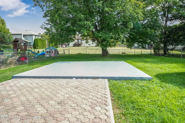 a view of a yard with plants and trees