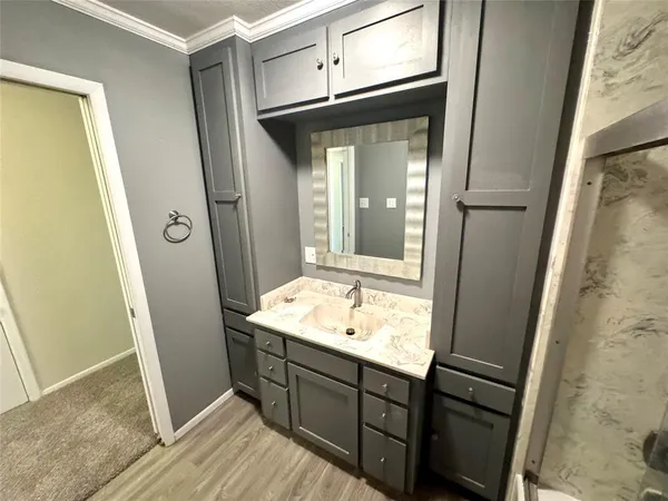 a bathroom with a granite countertop sink and a mirror
