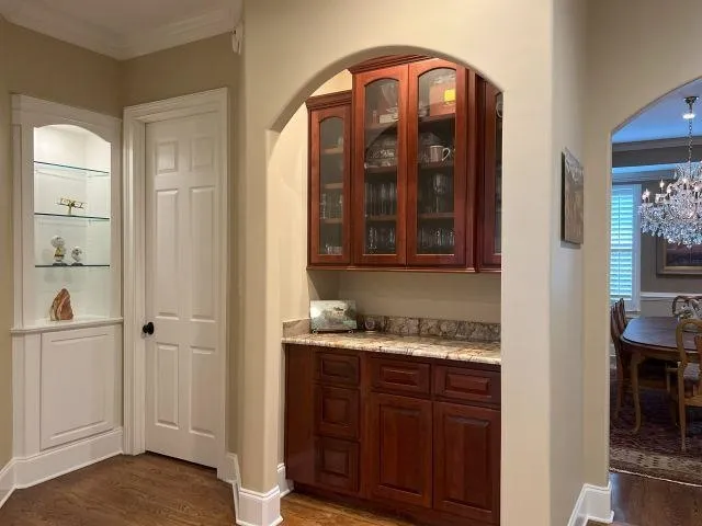 a view of a dining room with furniture
