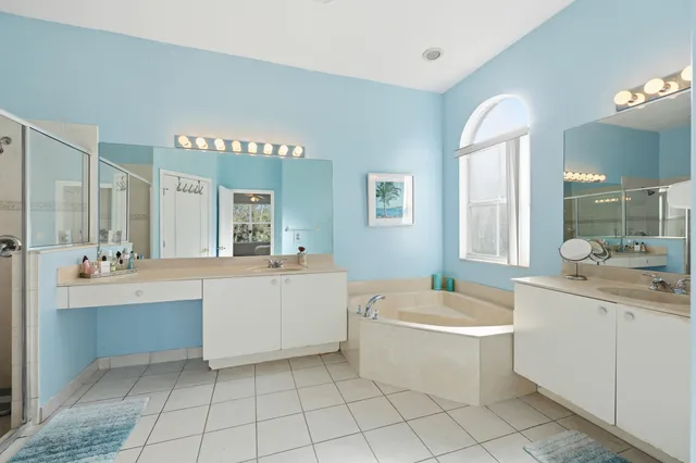 a bathroom with a tub a sink a mirror and a shower