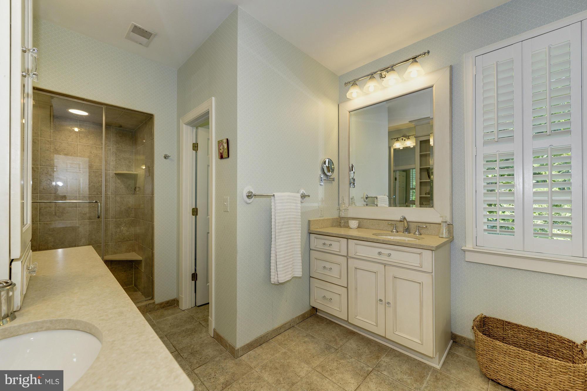 2206 Windsor Road Alexandria, VA 22307 - Photo 20 of 30 a spacious bathroom with a granite countertop sink a toilet a mirror and shower